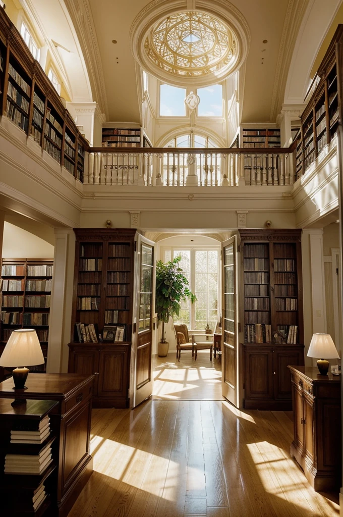 "A calm and organized library, with shelves full of books lined up in perfect rows. The walls are a soft shade of cream and there is natural light coming in from the large windows. In the center of the room, Suddenly, a glowing magical portal appears, emitting an intense golden light. The portal appears to be a passage to another world, with fragments of fantastic landscapes visible through it. This magical and unexpected element contrasts sharply with the neutral and serene environment of the library., creating a sense of surprise and wonder."
