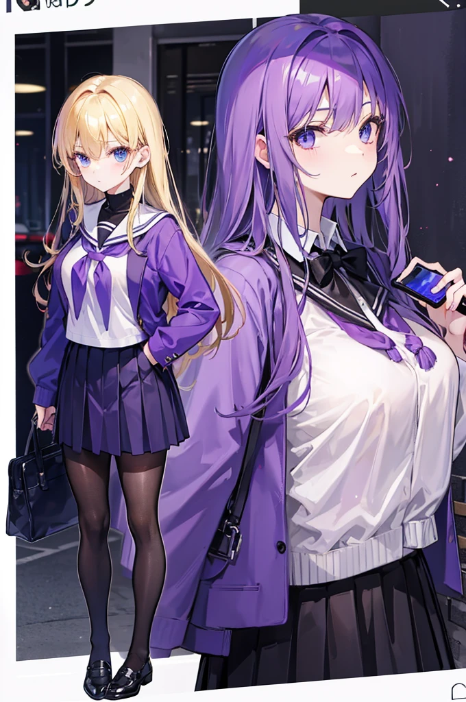 Kizi, purple outfit top, pantyhose and black school skirt, hair blonde, blue eye, standing, with a cell phone in hand