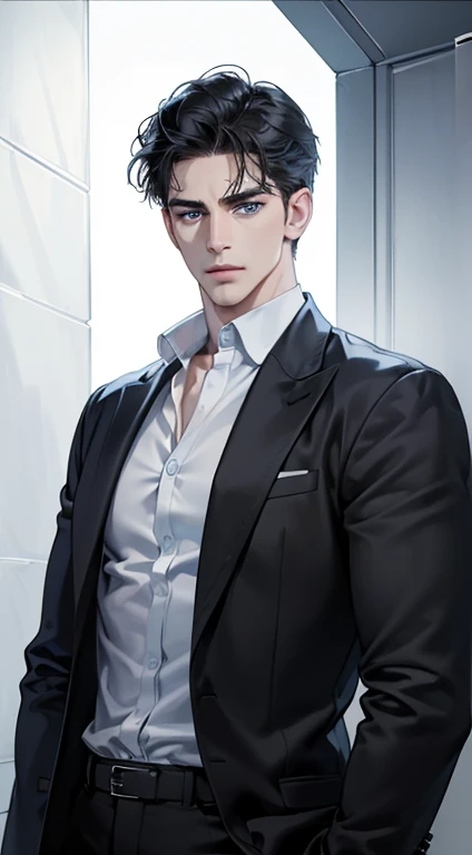 (best quality, masterpiece, 8K, photorealistic, cinematic lighting, 1:4 hdr image, ultra detailed, beautiful image), a mature man, 34 years very handsome, ((cold expression)), short black hair, blue eyes, face perfect without mistakes, ((buttoning his jacket, CEO))