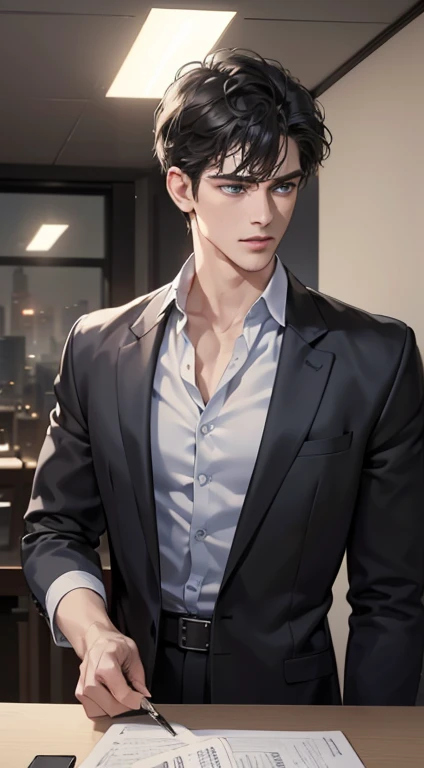(best quality, masterpiece, 8K, photorealistic, cinematic lighting, 1:4 hdr image, ultra detailed, beautiful image), a mature man, 34 years very handsome, ((cold expression)), short black hair, blue eyes, face perfect without mistakes, ((buttoning his jacket, CEO))
