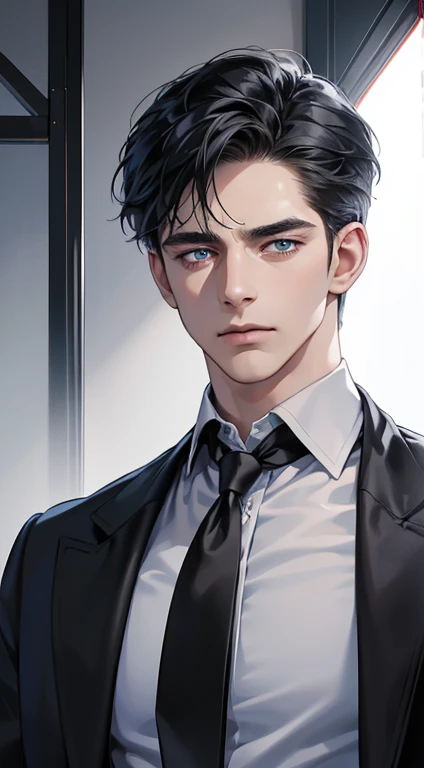 (best quality, masterpiece, 8K, photorealistic, cinematic lighting, 1:4 hdr image, ultra detailed, beautiful image), a mature man, 34 years very handsome, ((cold expression)), short black hair, blue eyes, face perfect without mistakes, ((buttoning his jacket, CEO))