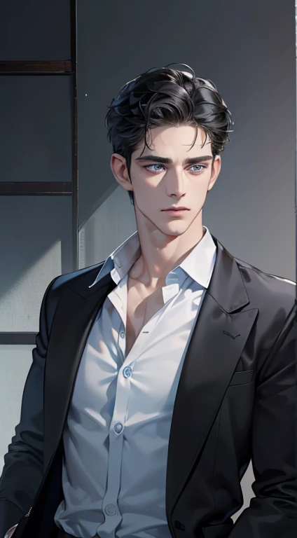 (best quality, masterpiece, 8K, photorealistic, cinematic lighting, 1:4 hdr image, ultra detailed, beautiful image), a mature man, 34 years very handsome, ((cold expression)), short black hair, blue eyes, face perfect without mistakes, ((buttoning his jacket, CEO))