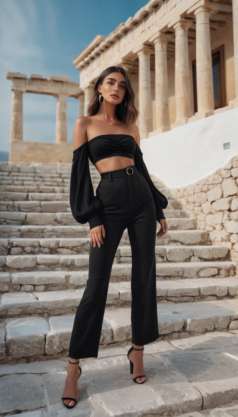 Instagram model influencer, full body, realistic, cinematic, black outfit in Greece