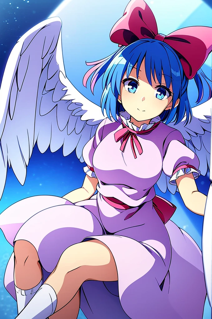 masterpiece, best quality, 1girl, , , , medium blue hair, hair flaps, pink ribbon on head, well-formed face, blue eyes, angel girl, white blouse, puffy short sleeves, red ribbon, angel wings, long white skirt, red shoes, frills, ribbon head