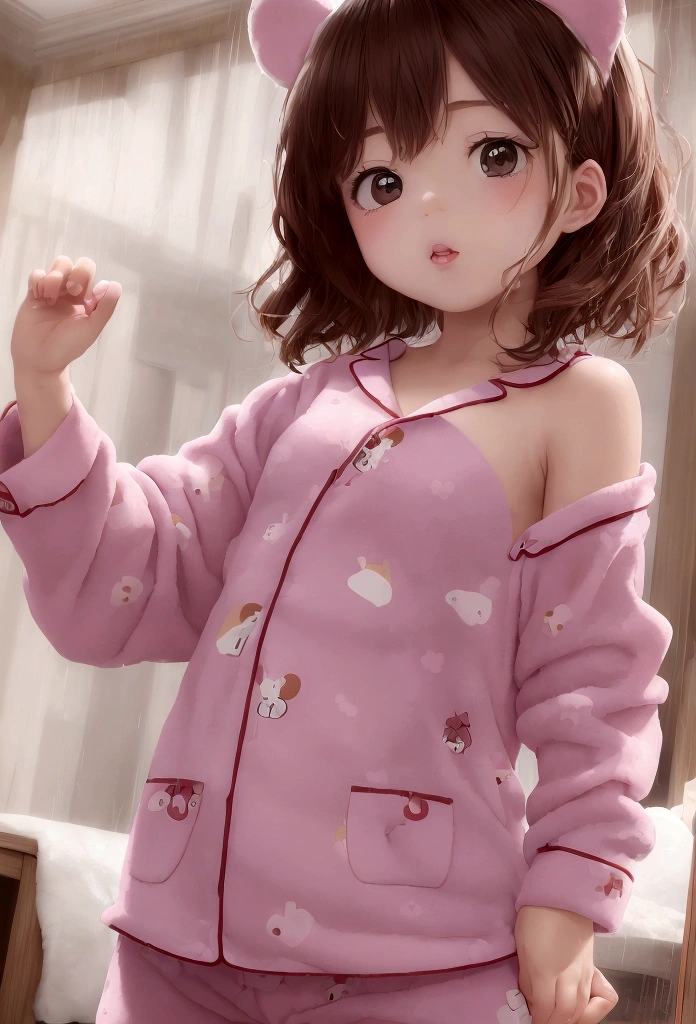 (masterpiece)(best quality) 1girl, cute, little, big head, anime, dancing in the rain, wearing pajamas, (animal picture in pajamas) (accurate)