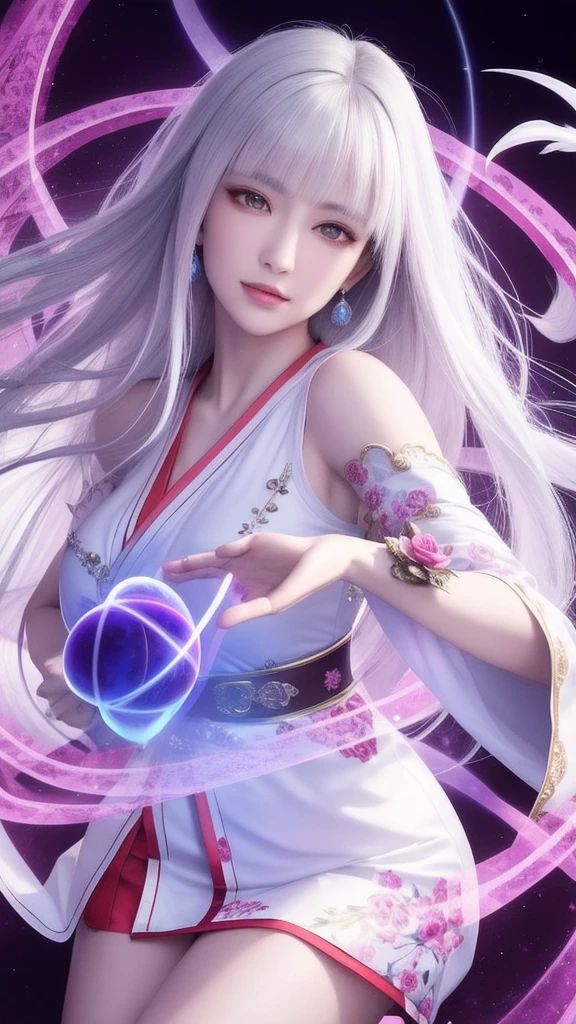 (masterpiece, top quality, 1 female, solo, exquisite details, chromatic aberration), (realistic), (skin), ((breathing)), (silver hair, blunt bangs, cropped straight long hair, short bangs, silver hair), beautiful hair, red headdress, highlights, hair on one eye, beautiful eyes, purple eyes, thick lips, earrings, piercing eyes, ((gold and white kimono)), ((symmetrical eyes)), ((perfectly symmetrical body)), ((perfectly symmetrical hands)), (purerosface_v1:0.3), full moon night, ((self, natural light))), bright lighting, flowers blooming in background, in front of viewer, ((central shot, from the front, (face and shoulders))), mysterious atmosphere, colorful flowers blooming around, bright colored background, shrine maiden in kimono, beautiful shrine maiden, Shrine maiden, fantasy female shrine maiden, female fortune telling shrine maiden, fantasy photography, Japanese style, elegant cinematic fantasy art, fantasy woman, sorceress portrait, powerful wizard surrounded by mystical colorful flowers, holding a glowing heart crystal ball, eyes glowing with mystical energy, spells leaking from her mouth, vibrant sorcery vortexes pulsating with rainbow hues appear in the air, magic permeates, flowers bloom, sacred creatures gaze in awe, threads of magical energy dance, reveal hidden realms, unravel secrets, capture the essence of this enchanting moment and bring to life the mystical power of sorcery on a canvas of the highest quality and finest detail. Top quality, masterpiece, ultra high resolution, (photorealistic: 1.4), RAW photo, sharp focus, high resolution, detailed skin.
Flowers blooming all around, bright colored background, fortune teller in kimono, beautiful fortune teller, fortune teller, fantasy female fortune teller, female fortune teller, fantasy photography, Japanese style, fortune teller in kimono, elegant cinematic fantasy art, fantasy woman, magician portrait, fortune teller, powerful wizard surrounded by mystical colorful flowers, holding a glowing heart c