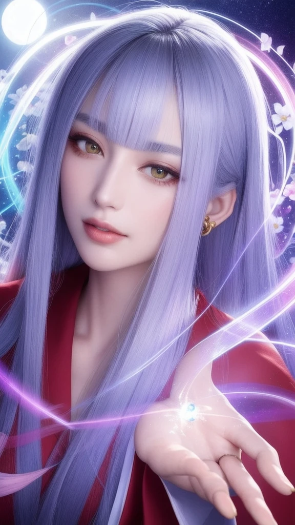 (masterpiece, top quality, 1 female, solo, exquisite details, chromatic aberration), (realistic), (skin), ((breathing)), (silver hair, blunt bangs, cropped straight long hair, short bangs, silver hair), beautiful hair, red headdress, highlights, hair on one eye, beautiful eyes, purple eyes, thick lips, earrings, piercing eyes, ((gold and white kimono)), ((symmetrical eyes)), ((perfectly symmetrical body)), ((perfectly symmetrical hands)), (purerosface_v1:0.3), full moon night, ((self, natural light))), bright lighting, flowers blooming in background, in front of viewer, ((central shot, from the front, (face and shoulders))), mysterious atmosphere, colorful flowers blooming around, bright colored background, shrine maiden in kimono, beautiful shrine maiden, Shrine maiden, fantasy female shrine maiden, female fortune telling shrine maiden, fantasy photography, Japanese style, elegant cinematic fantasy art, fantasy woman, sorceress portrait, powerful wizard surrounded by mystical colorful flowers, holding a glowing heart crystal ball, eyes glowing with mystical energy, spells leaking from her mouth, vibrant sorcery vortexes pulsating with rainbow hues appear in the air, magic permeates, flowers bloom, sacred creatures gaze in awe, threads of magical energy dance, reveal hidden realms, unravel secrets, capture the essence of this enchanting moment and bring to life the mystical power of sorcery on a canvas of the highest quality and finest detail. Top quality, masterpiece, ultra high resolution, (photorealistic: 1.4), RAW photo, sharp focus, high resolution, detailed skin.
Flowers blooming all around, bright colored background, fortune teller in kimono, beautiful fortune teller, fortune teller, fantasy female fortune teller, female fortune teller, fantasy photography, Japanese style, fortune teller in kimono, elegant cinematic fantasy art, fantasy woman, magician portrait, fortune teller, powerful wizard surrounded by mystical colorful flowers, holding a glowing heart c