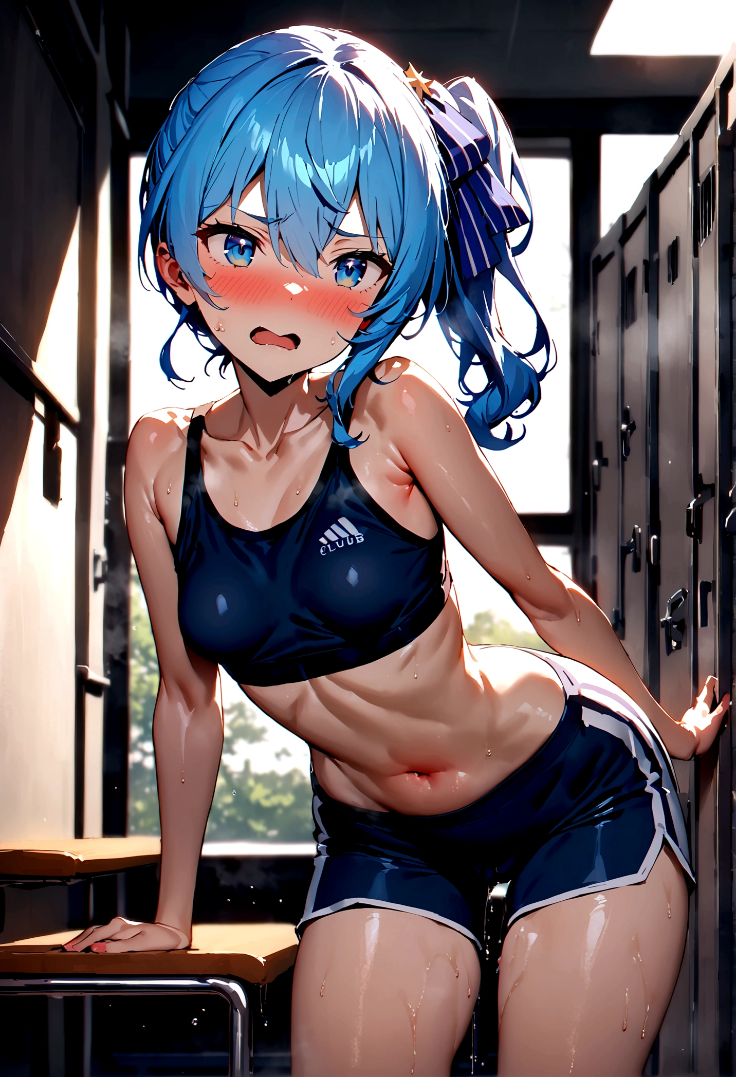 NSFW,masterpiece,Highest quality,High resolution,Super detailed,Star Town Suisei\(Hololive\),Blue Hair,One Side Ponytail,Blue Eyes,Small breasts,Track and field club,Descente Bra Top,Descente One Point Shorts,Streaks,School,locker room,bench,Embarrassed,blush,(In heat),Expecting face,((Ecstasy face)),(Masturbation),(Squirting)