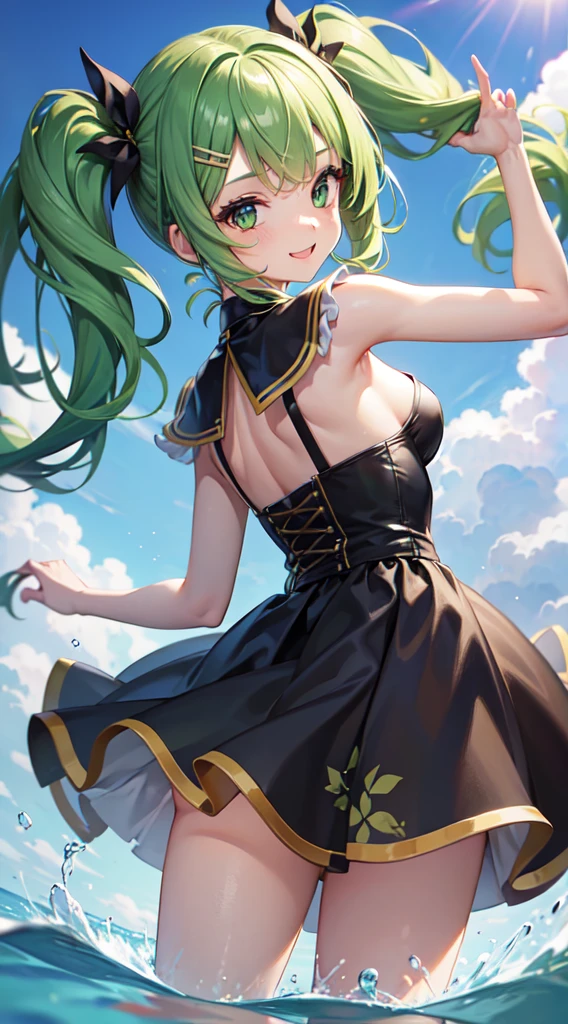 1girl, solo, hair ornament, green hair, twintails, long hair, dress, water, splashing, smiling, back turned, up skirt