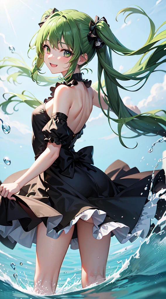 1girl, solo, hair ornament, green hair, twintails, long hair, dress, water, splashing, smiling, back turned, up skirt