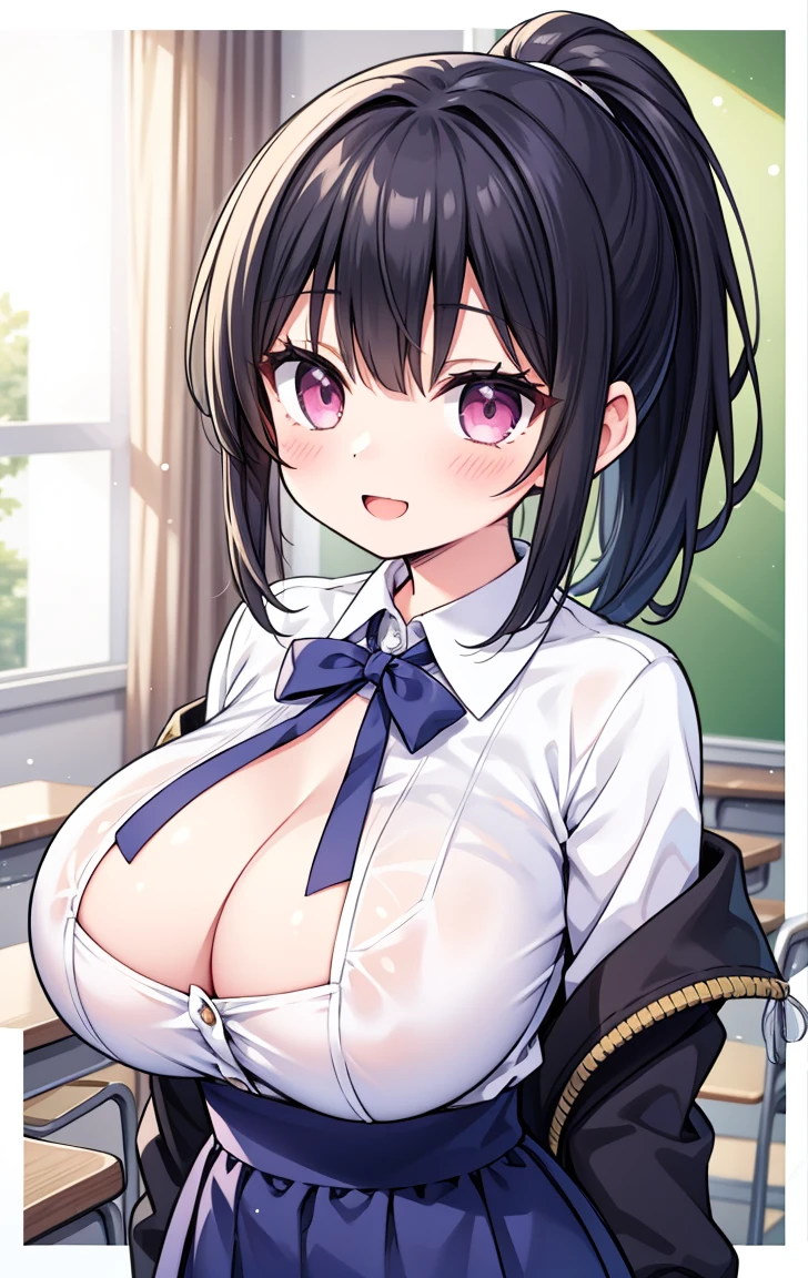 (Pieces fly, Highest quality, High resolution, Ticker, Pixel perfect, Depth of written border, In 4K),
1 Girl, alone, , Beautiful Anime Girls,
View your viewers,
Perfect body,
short hair, Black Hair, Pink Eyes,
smile, Open your mouth, blush,
JK Huge , White shirt, big , Blue Ribbon,
classroom,
throw, Close-up shot, ponytail