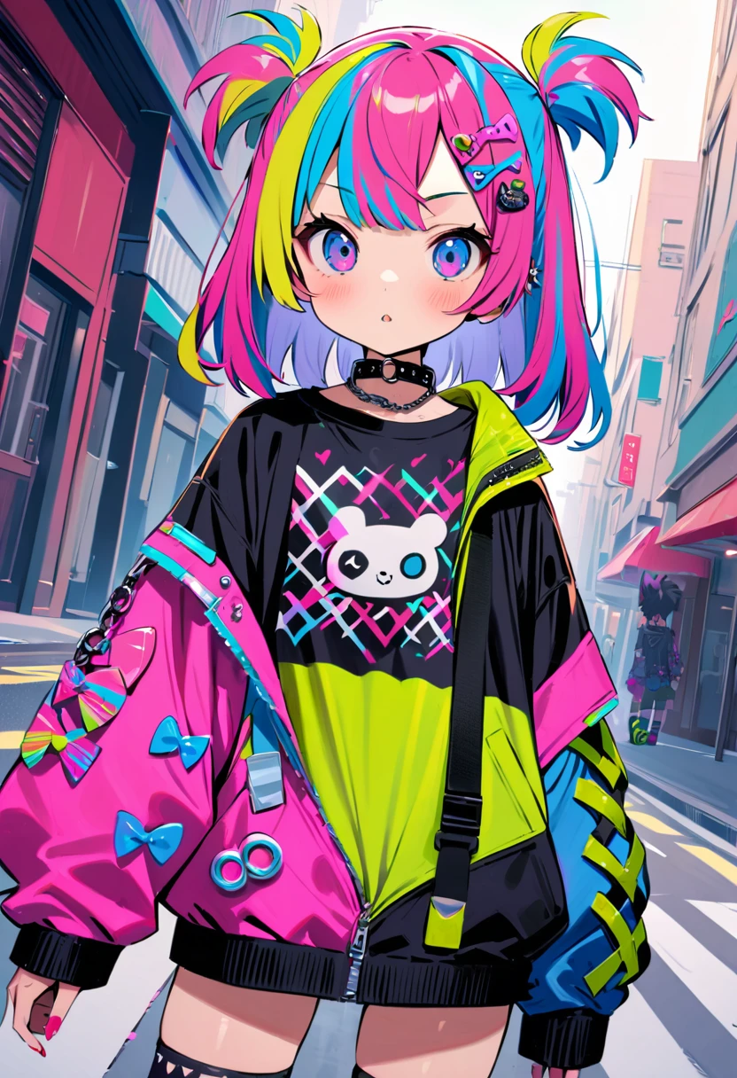 (masterpiece, best quality),
girls,cute face,tween,kawaii,(random color hair,multicolored hair:1.2),(harajuku-style decora punk fashion:1.5),(girl with layered colorful clothing:1.3),(multiple hair clips),knee-high socks with different patterns),carrigyng a pulshie,walking at harajuku street,dynamic angle,(cowboy shot:1.0),