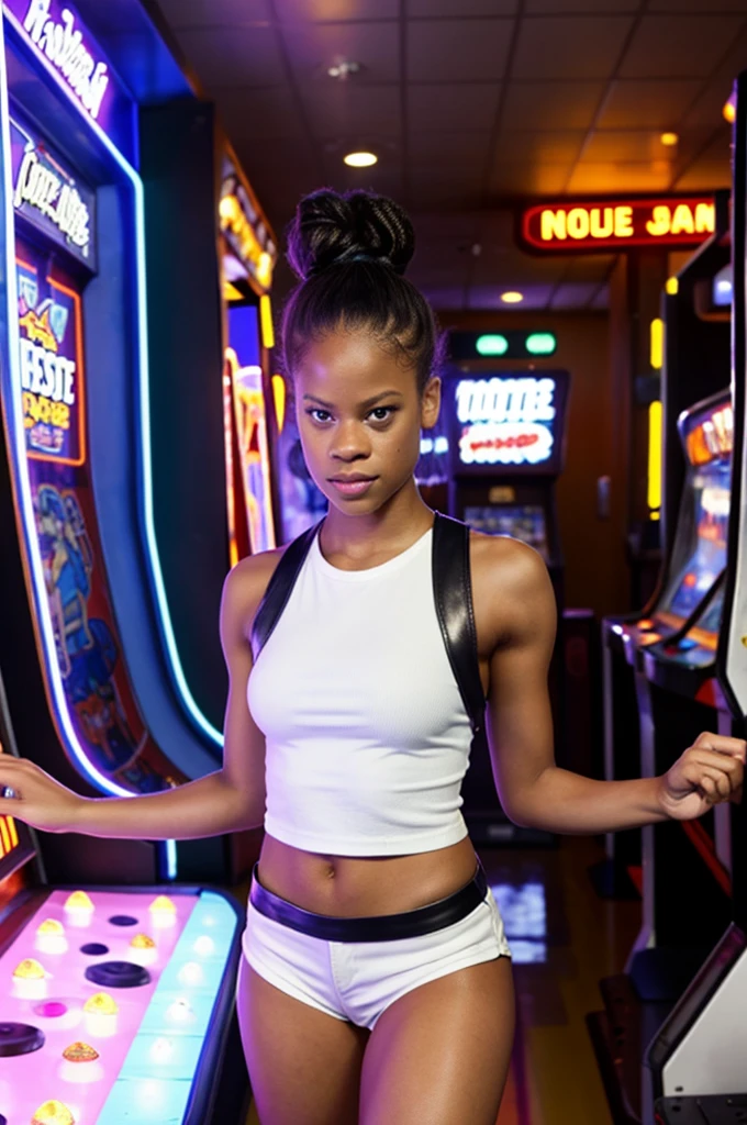 taylour paige wearing leather short shorts, white shirt and hair in a bun, at a arcade room