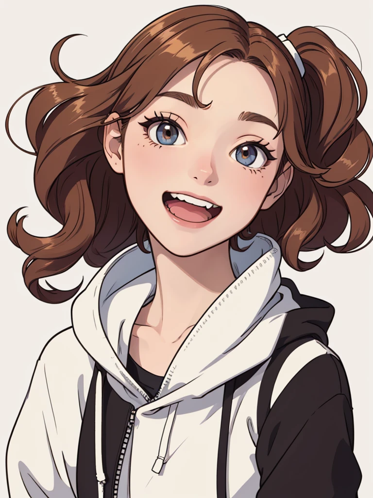 (((masterpiece, best quality, ultra highres, 1 girl, solo, no background))), super detailed skin and face and eyes and finger, beautiful japanese woman, small breasts:1.5, skinny, light brown hair, white background, very short curly pixie hair, (an illustration of girl), Knee shot, Generate with illustrations, Various expressions, Various poses, Please draw the entire character within the frame, ensuring that the head, arms, and legs are not cut off. The background should be simple, with the character positioned centrally, outline, anime, hoodie, laugh,