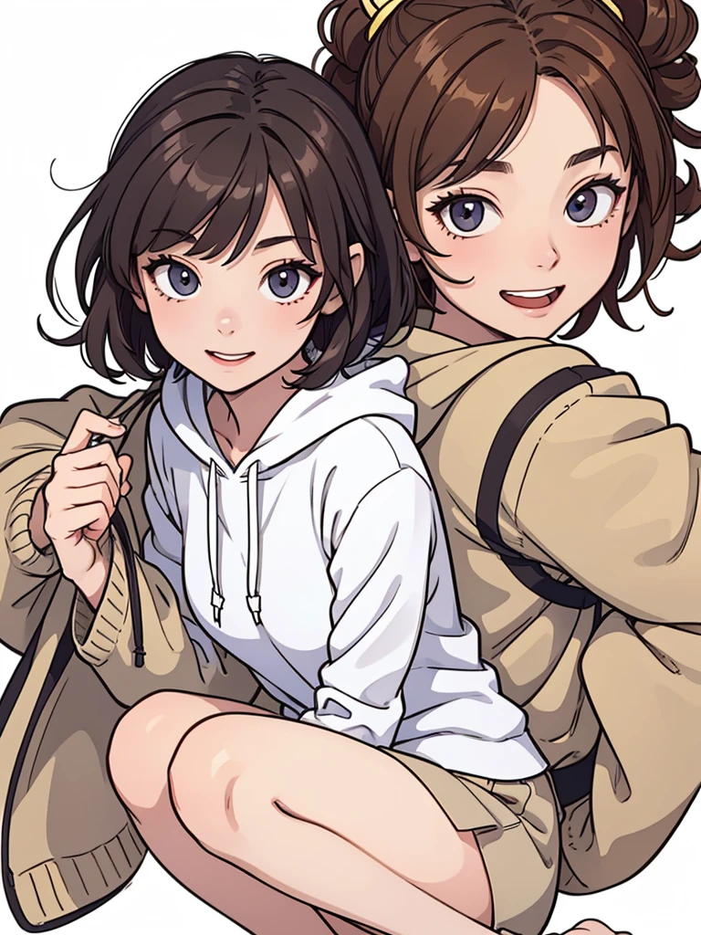 (((masterpiece, best quality, ultra highres, 1 girl, solo, no background))), super detailed skin and face and eyes and finger, beautiful japanese woman, small breasts:1.5, skinny, light brown hair, white background, very short curly pixie hair, (an illustration of girl), Knee shot, Generate with illustrations, Various expressions, Various poses, Please draw the entire character within the frame, ensuring that the head, arms, and legs are not cut off. The background should be simple, with the character positioned centrally, outline, anime, hoodie, laugh,