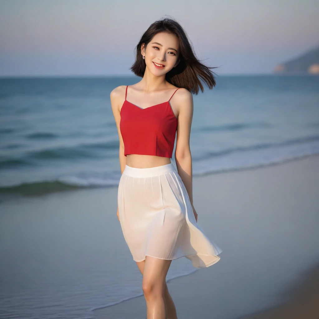 sunset red sun on the beach，A strong afterglow is reflected in the sea., Beautiful 36 year old short Korean woman, Chest size 34 inches, Wear sleeveless, light skirt. beautiful pretty woman look , wearing a light skirt , Go far into the sea water and dip your toes., Short medium hair blowing in the wind, 1 woman, beautiful eyes, a little smile, Full body photo from a distance with a wide angle lens, The background is clear and perfect