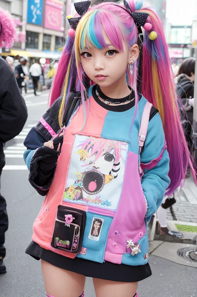 photorealistic,(4k,masterpiece, best quality,ultra highres),
1girl,cute face,tween,kawaii,(random color hair,multicolored hair:1.2),(harajuku-style decora punk fashion:1.5),(girl with layered colorful clothing:1.3),(multiple hair clips),knee-high socks with different patterns),carrigyng a pulshie,standing at harajuku street,dynamic angle,(cowboy shot:1.0),happily,pose,BREAK.beautiful detailed teeth, eyes with large brown irises, small mouth, fresh lips, tall , nose blush, medium breasts ,