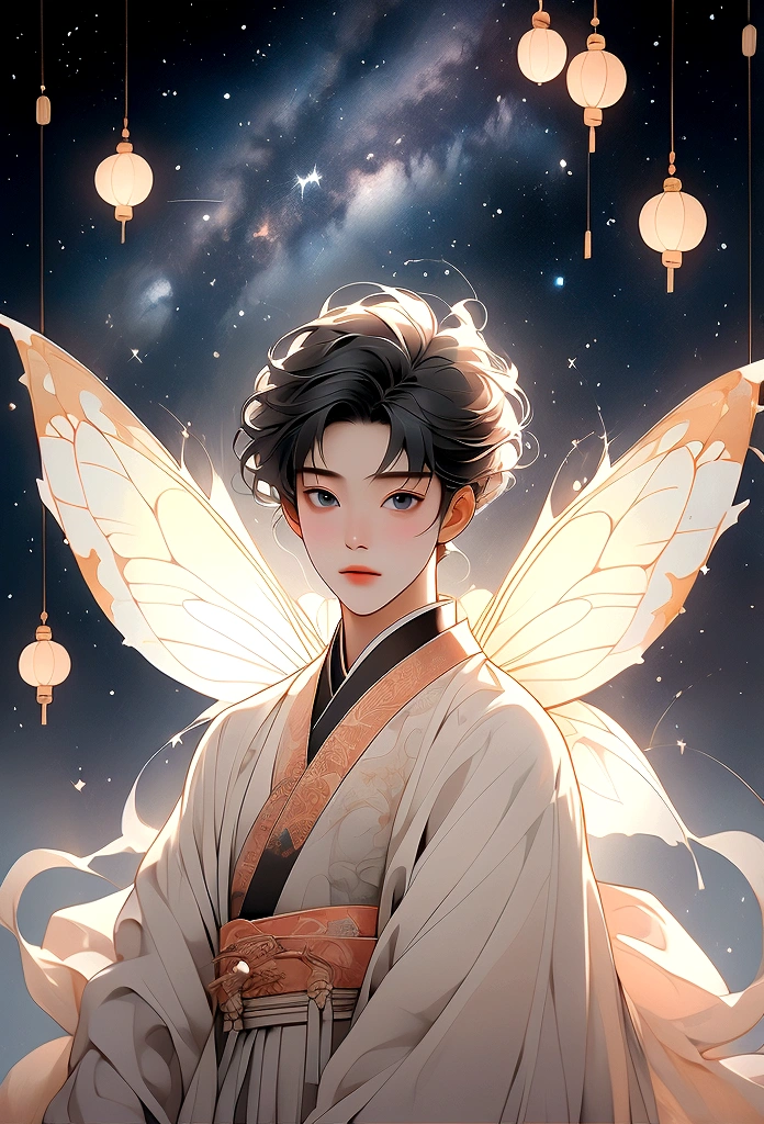 masterpiece, Highest quality: 1.4), Detailed Background,A beautiful male fairy from ancient China gazes upwards,streamer,Gauze cloth,Floating in the air,Elevation angle of view,The Milky Way is amazing,The full moon is empty,