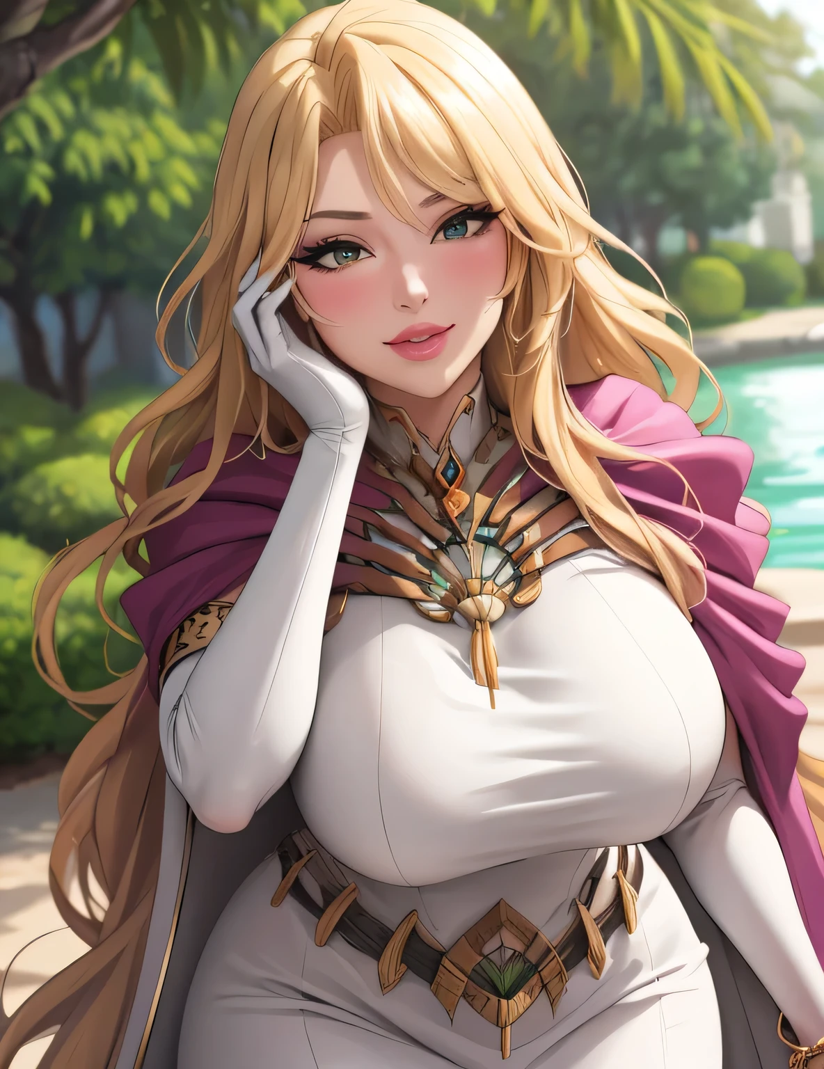 fe_elimine, gloves, white dress, elbow gloves, single glove, long dress, cape, jewelry, white gloves, armlet, bracelet, circlet, gold trim, (masterpiece, best quality, 8k, HD, ultra-detailed), realistic style, garden 2.0, looking at viewer 2.0, blushing, beautiful eyes, facing camera 2.0, very close up shot 2.0, face shot 2.0, very sexy smile 2.0, very luscious lips 2.0, facing camera 2.0, face shot 2.0, very heavy eyeshadow 2.0, very heavy makeup 2.0, very thick lips 2.0, very glossy lips 2.0, very pouty lips 2.0, lustrous skin 2.0, shiny skin 2.0, very beautiful 2.0, very curvy 2.0, very sexy 2.0, very thick 2.0, skindentation 2.0, very sexy smile 2.0, very luscious lips 2.0, face shot 2.0, facing camera 2.0, face shot 2.0, very heavy eyeshadow 2.0, very heavy makeup 2.0, round face, very thick lips 2.0, very glossy lips 2.0, very pouty lips 2.0, lustrous skin 2.0, shiny skin 2.0, very beautiful 2.0, very curvy 2.0, very sexy 2.0, very thick 2.0, very gigantic lips 2.0, very sexy smile 2.0, very luscious lips 2.0, very heavy eyeshadow 2.0, very heavy makeup 2.0, round face, very thick lips 2.0, very glossy lips 2.0, very pouty lips 2.0, lustrous skin 2.0, shiny skin 2.0, very beautiful 2.0, very curvy 2.0, very sexy 2.0, very thick 2.0, very toned 2.0, very sexy smile 2.0, very luscious lips 2.0, very toned 2.0, very toned 2.0, very sexy smile 2.0, very luscious lips 2.0, wide hips 2.0, very gigantic thighs 2.0, very small waist 2.0, very thick thighs 2.0, skindentation 2.0,  very heavy eyeshadow 2.0, very heavy makeup 2.0, round face, very thick lips 2.0, very glossy lips 2.0, very pouty lips 2.0, lustrous skin 2.0, shiny skin 2.0, very beautiful 2.0, very curvy 2.0, very sexy 2.0, very thick 2.0, very gigantic breasts 2.0, very sexy 2.0, very gigantic lips 2.0, very thick thighs 2.0, hourglass waist 2.0, very mature female 2.0, very mature female 2.0, very close up shot 2.0, face shot 2.0, face shot 2.0, face shot 2.0, face shot 2.0, face shot 2.0, face shot 2.0