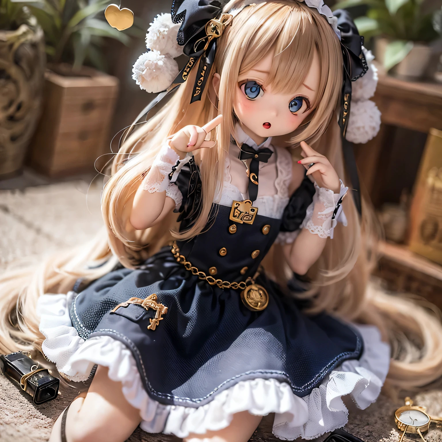 The rabbit girl is holding a big clock with Alice_Cute poses in Wonderland