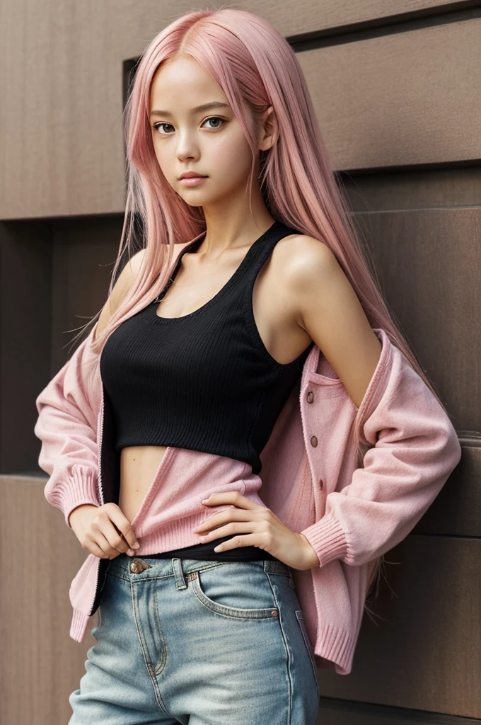 ((best quality)), ((masterpiece)), (detailed), 1girl, pink shoulder sweater, ((one piece anime look))
Long Light pink hair, brown eyes, average height for a girl, black baggy pants, ONE PIECE art style, ONE PIECE look, black tank top and pink jacket,
LONG HAIR, wano style art,
