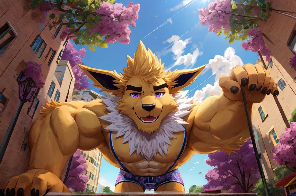 Giant Anthropomorphic Jolteon Pokemon Man, Purple Eyes, Muscular, Looming over the viewer, Tired, Handsome, Charming, View from below, Daddy, Bara, Horny, Flirty, Older Brother, Four toed feet, teasy, teasing the viewer, Macro, Bully, Jock, flirting with tiny viewer, Floral Swimshorts