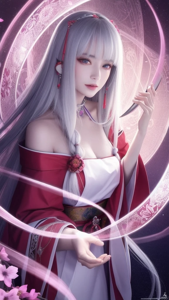 (masterpiece, top quality, 1 female, solo, exquisite details, chromatic aberration), (realistic), (skin), ((breathing)), (silver hair, blunt bangs, cropped straight long hair, short bangs, silver hair), beautiful hair, red headdress, highlights, hair on one eye, beautiful eyes, purple eyes, thick lips, earrings, piercing eyes, ((gold and white kimono)), ((symmetrical eyes)), ((perfectly symmetrical body)), ((perfectly symmetrical hands)), (purerosface_v1:0.3), full moon night, ((self, natural light))), bright lighting, flowers blooming in background, in front of viewer, ((central shot, from the front, (face and shoulders))), mysterious atmosphere, colorful flowers blooming around, bright colored background, shrine maiden in kimono, beautiful shrine maiden, Shrine maiden, fantasy female shrine maiden, female fortune telling shrine maiden, fantasy photography, Japanese style, elegant cinematic fantasy art, fantasy woman, sorceress portrait, powerful wizard surrounded by mystical colorful flowers, holding a glowing heart crystal ball, eyes glowing with mystical energy, spells leaking from her mouth, vibrant sorcery vortexes pulsating with rainbow hues appear in the air, magic permeates, flowers bloom, sacred creatures gaze in awe, threads of magical energy dance, reveal hidden realms, unravel secrets, capture the essence of this enchanting moment and bring to life the mystical power of sorcery on a canvas of the highest quality and finest detail. Top quality, masterpiece, ultra high resolution, (photorealistic: 1.4), RAW photo, sharp focus, high resolution, detailed skin.
Flowers blooming all around, bright colored background, fortune teller in kimono, beautiful fortune teller, fortune teller, fantasy female fortune teller, female fortune teller, fantasy photography, Japanese style, fortune teller in kimono, elegant cinematic fantasy art, fantasy woman, magician portrait, fortune teller, powerful wizard surrounded by mystical colorful flowers, holding a glowing heart c