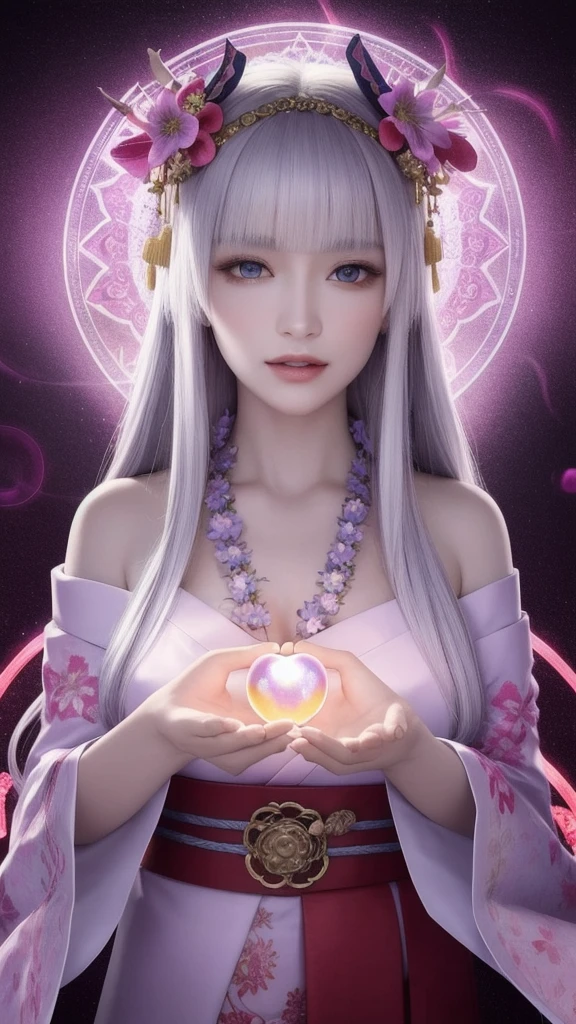 (masterpiece, top quality, 1 female, solo, exquisite details, chromatic aberration), (realistic), (skin), ((breathing)), (silver hair, blunt bangs, cropped straight long hair, short bangs, silver hair), beautiful hair, red headdress, highlights, hair on one eye, beautiful eyes, purple eyes, thick lips, earrings, piercing eyes, ((gold and white kimono)), ((symmetrical eyes)), ((perfectly symmetrical body)), ((perfectly symmetrical hands)), (purerosface_v1:0.3), full moon night, ((self, natural light))), bright lighting, flowers blooming in background, in front of viewer, ((central shot, from the front, (face and shoulders))), mysterious atmosphere, colorful flowers blooming around, bright colored background, shrine maiden in kimono, beautiful shrine maiden, Shrine maiden, fantasy female shrine maiden, female fortune telling shrine maiden, fantasy photography, Japanese style, elegant cinematic fantasy art, fantasy woman, sorceress portrait, powerful wizard surrounded by mystical colorful flowers, holding a glowing heart crystal ball, eyes glowing with mystical energy, spells leaking from her mouth, vibrant sorcery vortexes pulsating with rainbow hues appear in the air, magic permeates, flowers bloom, sacred creatures gaze in awe, threads of magical energy dance, reveal hidden realms, unravel secrets, capture the essence of this enchanting moment and bring to life the mystical power of sorcery on a canvas of the highest quality and finest detail. Top quality, masterpiece, ultra high resolution, (photorealistic: 1.4), RAW photo, sharp focus, high resolution, detailed skin.
Flowers blooming all around, bright colored background, fortune teller in kimono, beautiful fortune teller, fortune teller, fantasy female fortune teller, female fortune teller, fantasy photography, Japanese style, fortune teller in kimono, elegant cinematic fantasy art, fantasy woman, magician portrait, fortune teller, powerful wizard surrounded by mystical colorful flowers, holding a glowing heart c