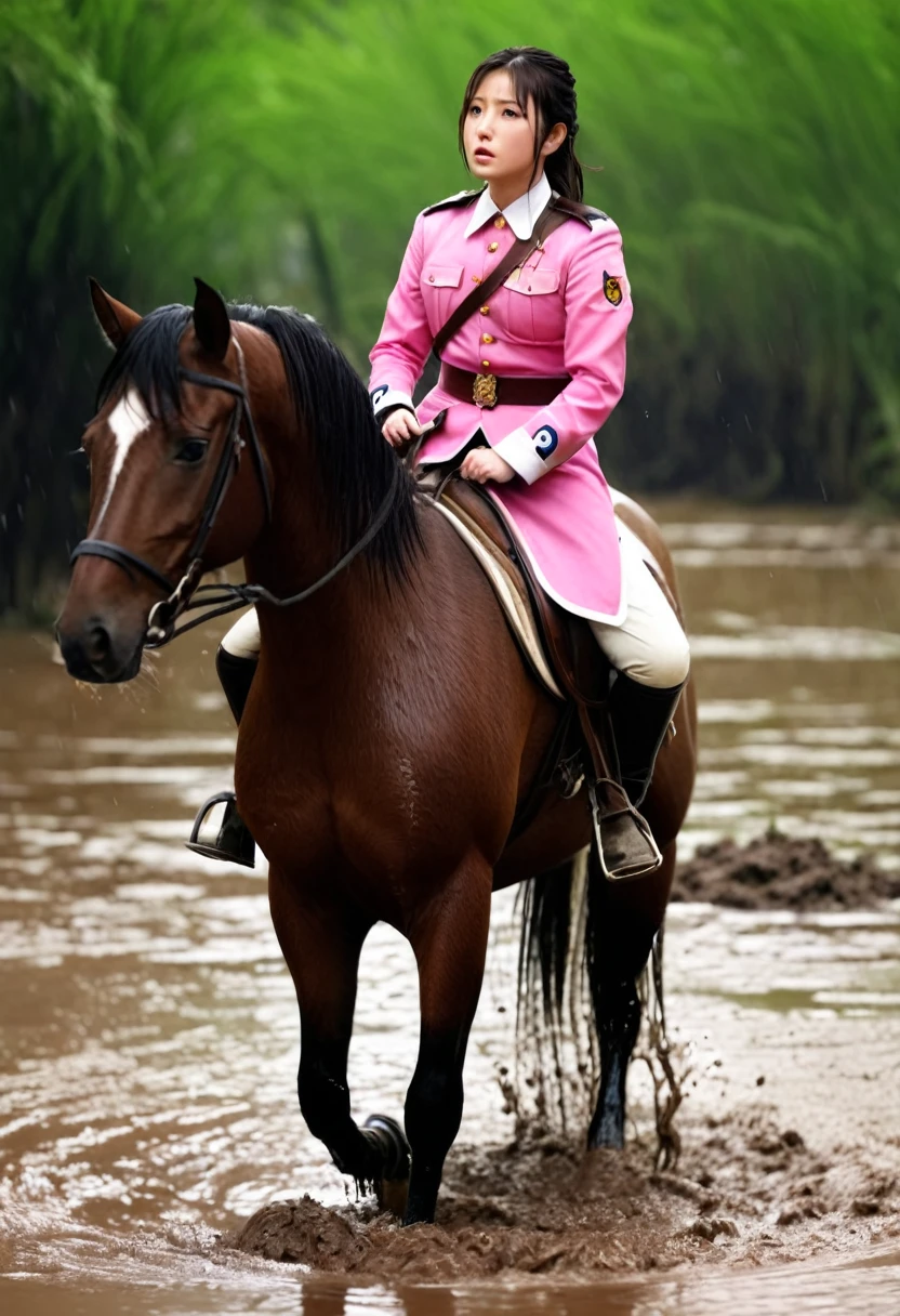 (((masterpiece))),(((Highest quality))),((Tabletop:1.4, Highest quality)), (Realな写真:1.4), 
((1 cute girl knight)),rodeo,horse standing,Surprised face,stumble,aggressive,slouch,horse standing, prancing horse in pitfall,cute,Napoléon horse sliped in pitfall,
(超High resolution:1.2),, wonderful, Very detailed CG Unity 8k wallpaper, Very detailed, High resolution,fat horse ridden by japanese girl,Plump,Double,Pink military uniform,Soaking in the swamp,Mud Splash,
Soft Light, Beautiful detailed girl, Droopy eyes,Very detailedな目と顔, Beautiful and exquisite nose, Beautiful and exquisite,  horse ridden by a girl can't stand up because its drowned in the sticky muddy pitfall:10.0 ,Displeased face:4.0,Real,Stir,Anatomically correct,action horse riding scene while struggle fighting