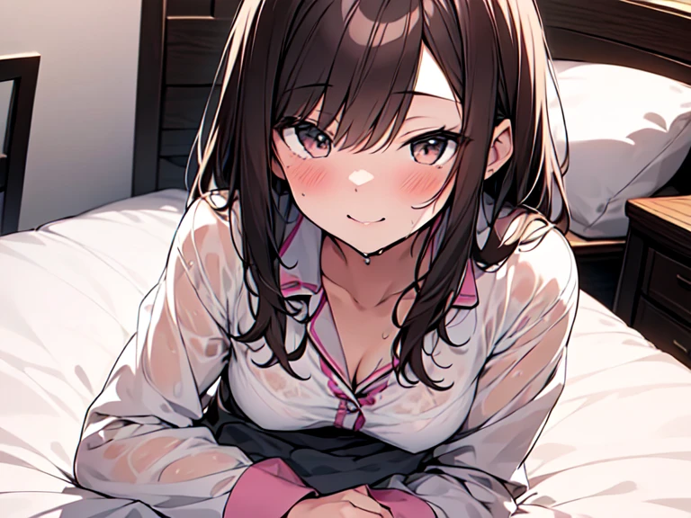 Highest quality, masterpiece, Ultra-high resolution, 8K,Show anime style , Soft line drawing, Digital Enhancement, shojo anime touch, shojo manga core, Flowing fabric, close, Soft Drawing, Ultra High Definition Digital Anime Art, Clear facial depiction, Highly detailed girl manga character art, Ultra-detailed manga style, Highest qualityの色,((( １woman))),(短い茶色の髪のwoman), Wet Hair,Beautiful brown hair, Clear brown eyes, Slightly thicker,Small breasts,pajamas,((She is sleeping in bed with the covers over her)),I sleep in the bed with her, Her peaceful sleeping face,She wakes up,私 call out good morning,((She smiled seductively in the same position.)),(Focus on the face)
