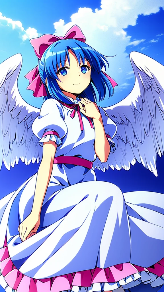masterpiece, best quality, 1girl, , , 10 years old, medium blue hair, hair flaps, pink ribbon on head, well-formed face, blue eyes, angel girl, white blouse, puffy short sleeves, red ribbon, angel wings, long white skirt, red shoes, frills, ribbon head