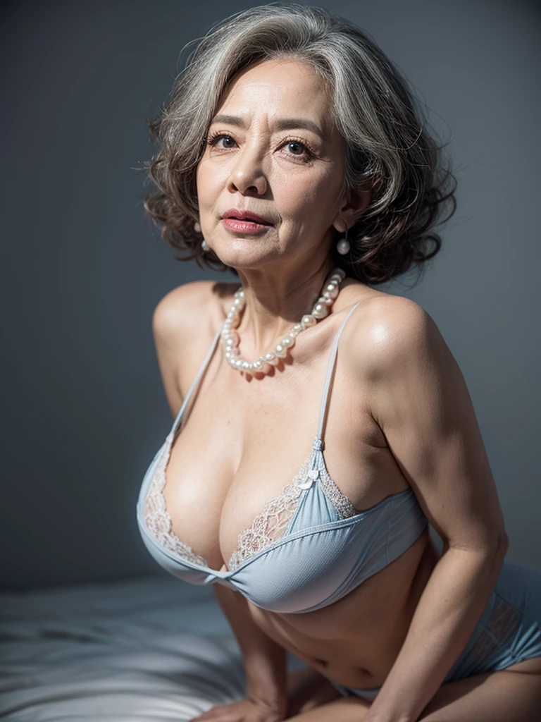 Beautiful elderly woman, cute,sexy,55 years old,,sexy,Wear a pearl necklace, old woman,Big saggy Breasts, Light blue revealing dress, White embroidered bra, Curly Hair, plain grey background, depth of field, f-stop 2.4