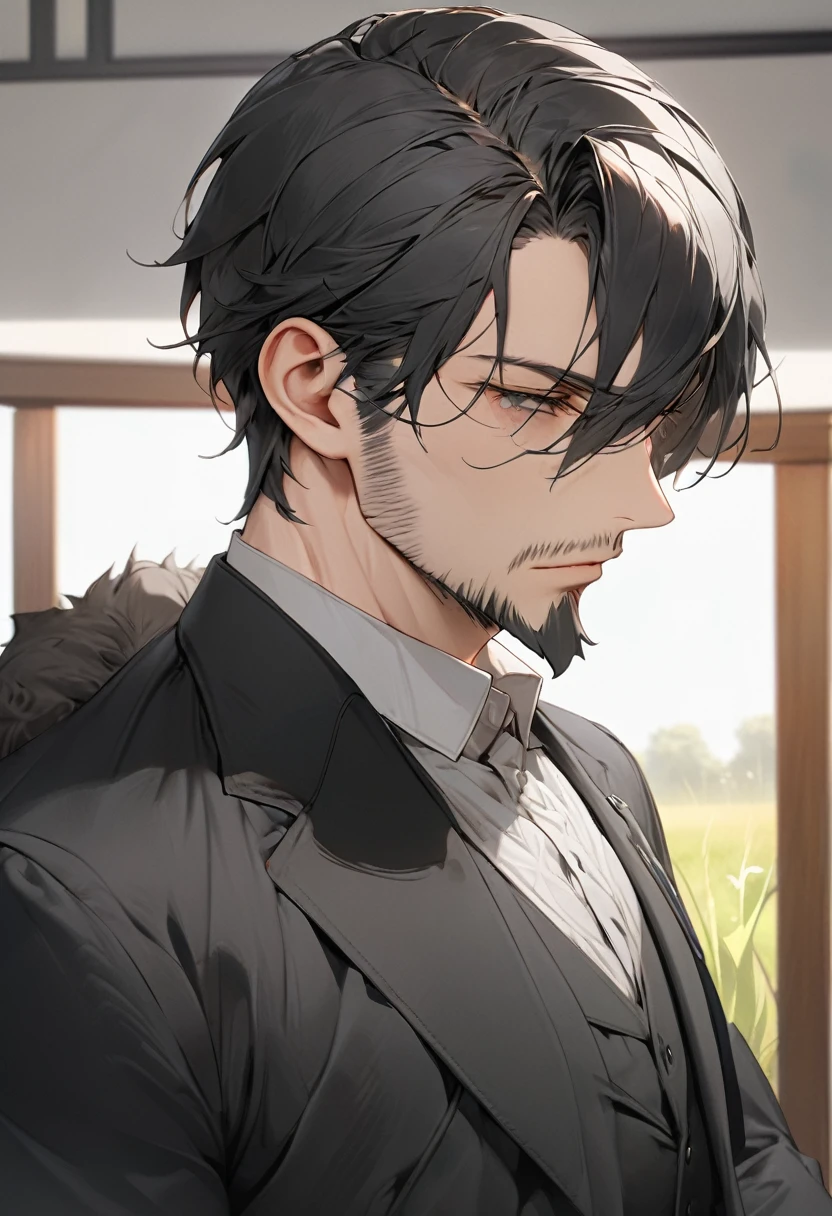 grassland, Cool Old Man, Angled Profile, good looking,Beard, Perfect body, Black Hair, short hair, black eye, Expressionless, Black suit, anime, First Person View, masterpiece, Anatomically correct, Attention to detail, High resolution, Highest quality, Very detailed, Gentle expression、
