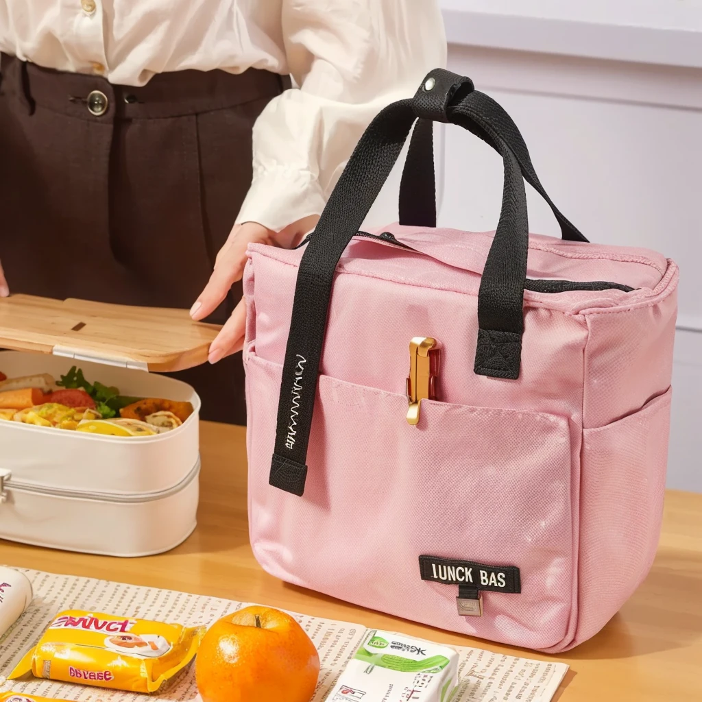 Someone put the lunch bag into the lunch box, Lunch Bag,, The full subject is shown in the photo, (Pink), - Hours 8 5 0 - Afternoon 6 0 0, Cute big pocket hardware, 8L, 8 l, Hours 576, There are two front pockets, the handbag is over a wood table, bl, 2020 fashion