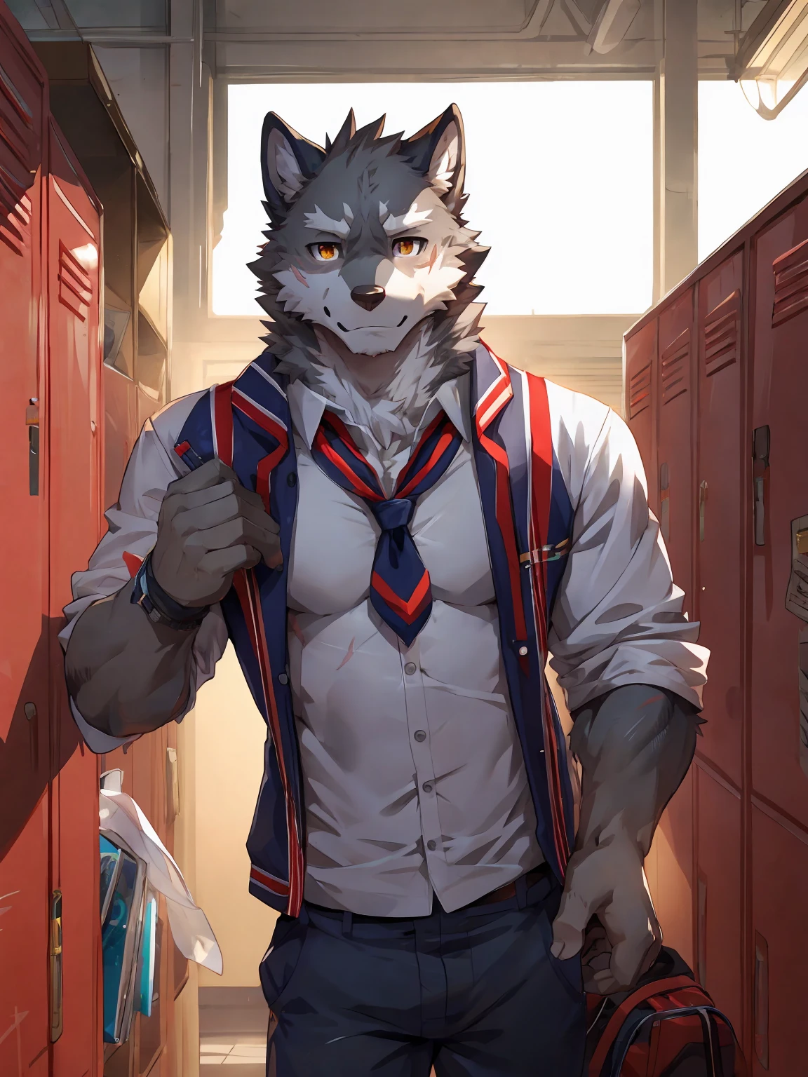 embedding:Gray wolf,Golden Eyes,Single Person,a scar on the face.Gray fur,High school students,Japanese school uniform,Scratch head,Standing by the school locker,Nervous,With his school uniform jacket in his hand,Male.Handsome,Smart,Best quality hands, best quality eye,detailed fur,Delicate eyes.Extreme picture quality,by sollyz,by zixiong,by null_ghost