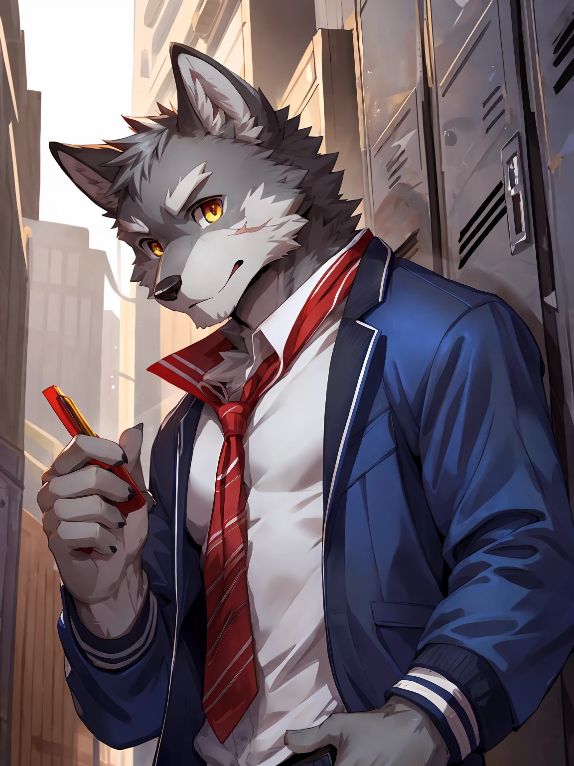 embedding:Gray wolf,Golden Eyes，Single Person,a scar on the face.Gray fur，High school students,Japanese school uniform,Scratch head,Standing by the school locker,Nervous,With his school uniform jacket in his hand,Male.Handsome,Smart,Best quality hands, best quality eye，detailed fur，Delicate eyes.Extreme picture quality，by sollyz,by zixiong,by null_ghost