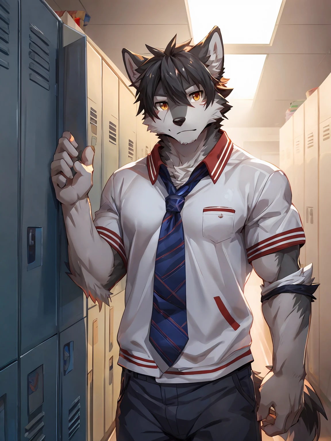 embedding:Gray wolf,Golden Eyes,Single Person,a scar on the face.Gray fur,High school students,Japanese school uniform,Scratch head,Standing by the school locker,Nervous,With his school uniform jacket in his hand,Male.Handsome,Smart,Best quality hands, best quality eye,detailed fur,Delicate eyes.Extreme picture quality,by sollyz,by zixiong,by null_ghost