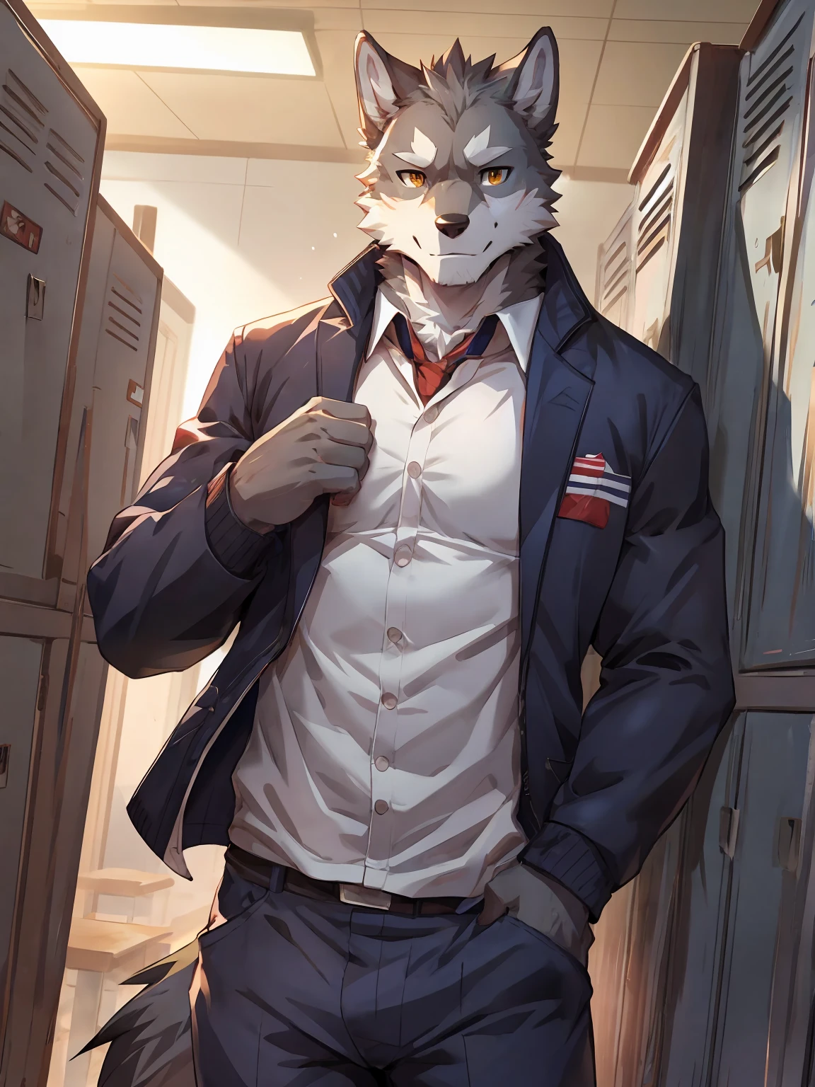 embedding:Gray wolf,Golden Eyes，Single Person,a scar on the face.Gray fur，High school students,Japanese school uniform,Scratch head,Standing by the school locker,Nervous,With his school uniform jacket in his hand,Male.Handsome,Smart,Best quality hands, best quality eye，detailed fur，Delicate eyes.Extreme picture quality，by sollyz,by zixiong,by null_ghost