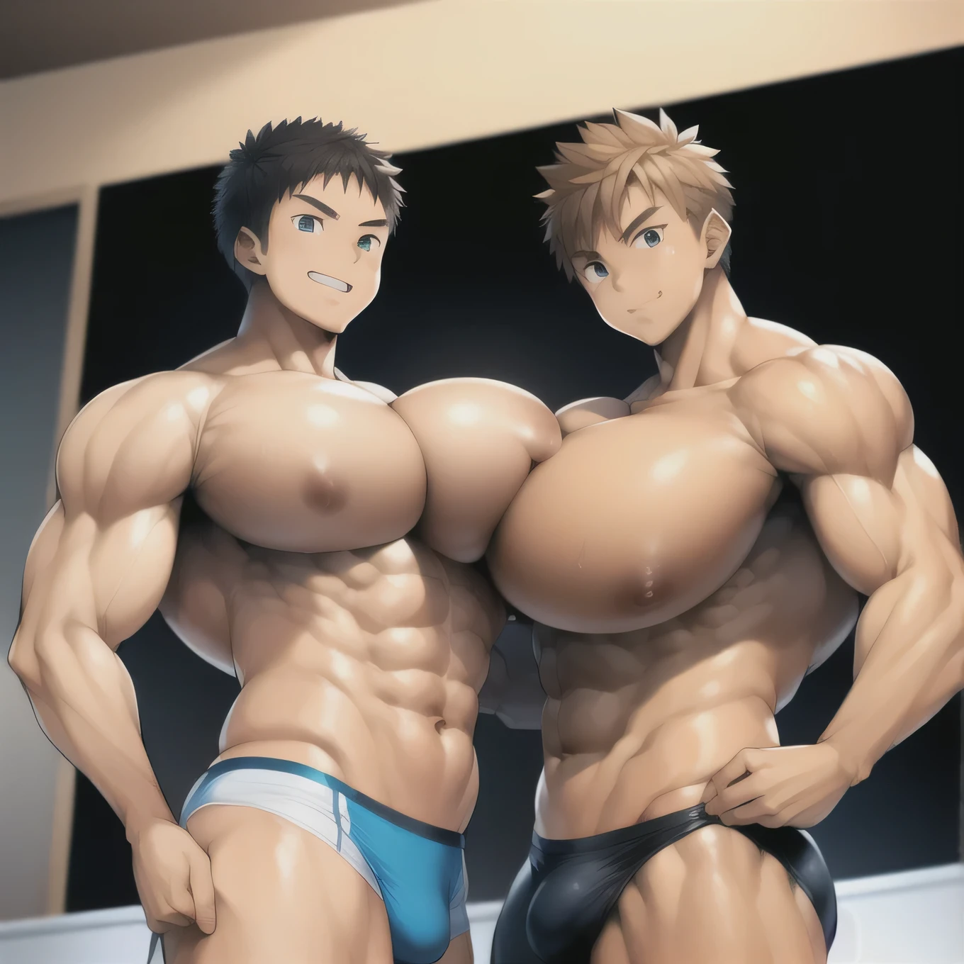 Masterpiece, Top Quality, Body size comparison of two age boys without clothes, Big muscular boy and skinny boy hugging, Two shirtless boys. Muscular boy and skinny boy with huge pectoral muscles, The big boy's pectoral muscles are bigger and heavier than the skinny boy so the big boy uses his huge body weight to push the skinny boy against the wall. Big boy putting his weight on skinny boy, Big boy crushing skinny boy with his pectoral muscles, Skinny boy being crushed by huge pectoral muscles, Muscular male, pectoral muscles, Big nipples, Cute, Male, Abs, Smiling, NSFW, Sexually suggestive, Anime muscles, Bulging, Pectoral muscles, Bangs, Yaoi, Sweating, Blushing, {{Detailed face}}, {{High quality}}, {{Detailed eyes}}, Gay couple, Shirtless, Hugging, 2boy, duo,
