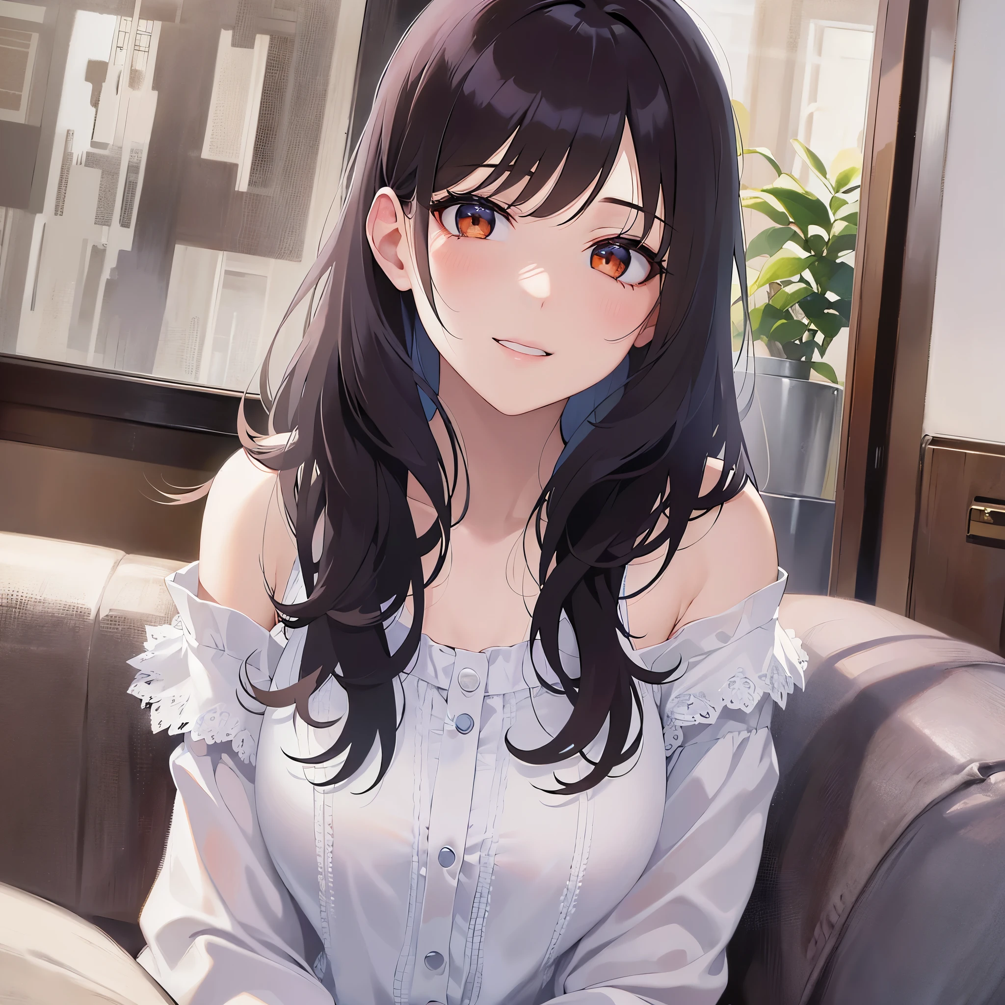 looking at viewer,head tilt ,
Realistic, real person, (pale skin: 1.2), RAW photo, photorealistic, shiny skin, shiny hair、 (A 35-year-old woman with medium-length hair and bangs) and (wavy hair) and (brown hair) and (Orange Eyes) 、 (white) and (off shoulder blouse)、blush,smile、The background is the living room
