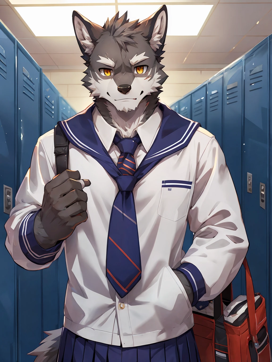 embedding:Gray wolf,Golden Eyes,Single Person,a scar on the face.Gray fur,High school students,Japanese school uniform,Scratch head,Standing by the school locker,Nervous,With his school uniform jacket in his hand,Male.Handsome,Smart,Best quality hands, best quality eye,detailed fur,Delicate eyes.Extreme picture quality,by sollyz,by zixiong,by null_ghost