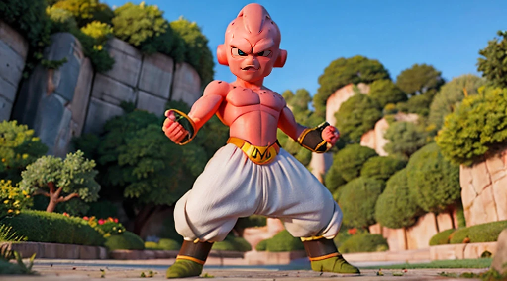 (toriyama akira), mj-kb, Majin Buu, Kid Buu, 1guy, male, black sclera, red pupil, pink skin, angry, standing, arms down, no shirt, white pants, harem pants, m on belt, abs, clear face, detailed eyes, clean hands, anatomical, dragon ball, (dragon ball z), full body, hero, villain, high definition, looking at viewer, official art, serious