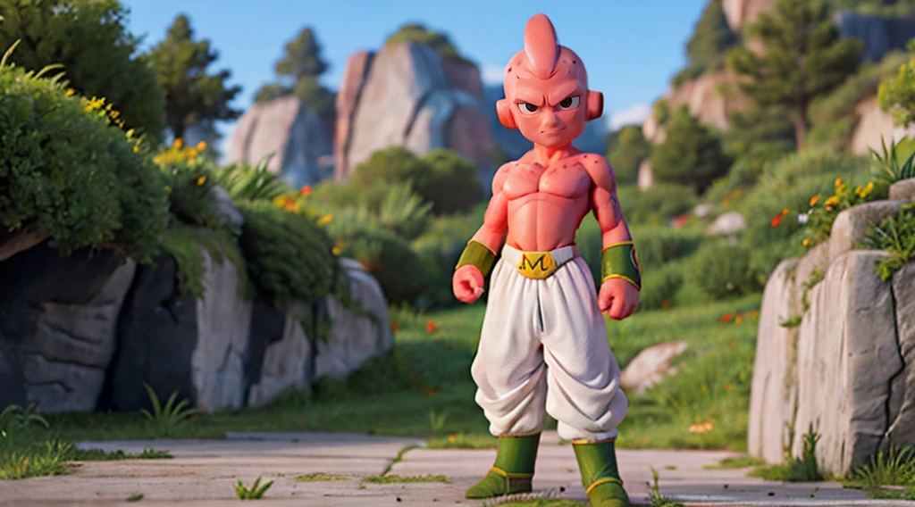 (toriyama akira), mj-kb, Majin Buu, Kid Buu, 1guy, male, black sclera, red pupil, pink skin, angry, standing, arms down, no shirt, white pants, harem pants, m on belt, abs, clear face, detailed eyes, clean hands, anatomical, dragon ball, (dragon ball z), full body, hero, villain, high definition, looking at viewer, official art, serious