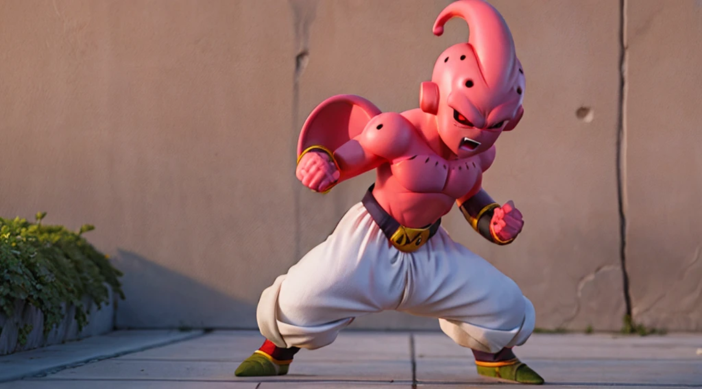 (toriyama akira), mj-kb, Majin Buu, Kid Buu, 1guy, male, black sclera, red pupil, pink skin, angry, standing, arms down, no shirt, white pants, harem pants, m on belt, abs, clear face, detailed eyes, clean hands, anatomical, dragon ball, (dragon ball z), full body, hero, villain, high definition, looking at viewer, official art, serious