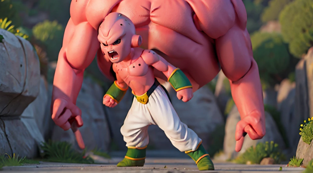 (toriyama akira), mj-kb, Majin Buu, Kid Buu, 1guy, male, black sclera, red pupil, pink skin, angry, standing, arms down, no shirt, white pants, harem pants, m on belt, abs, clear face, detailed eyes, clean hands, anatomical, dragon ball, (dragon ball z), full body, hero, villain, high definition, looking at viewer, official art, serious