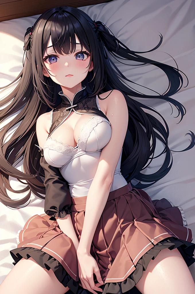 Highest quality, masterpiece, 4K, Highly detailed face, Highly detailed skin, Highly detailed wallpaper, Japanese anime, Second Dimension, Small face, Big Breasts, Normal body, Accurate body, Fine skin, Very beautiful cleavage, NSFW, whole body, One girl, A face that makes you want to have sex, On the bed, Sweaty, Cosplay, , mini skirt, Lying on your back, Lift up your skirt yourself, Spread your legs, A  sister character who loves her older brother