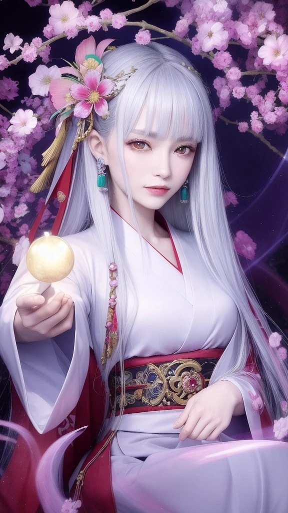 (masterpiece, top quality, 1 female, solo, exquisite details, chromatic aberration), (realistic), (skin), ((breathing)), (silver hair, blunt bangs, cropped straight long hair, short bangs, silver hair), beautiful hair, red headdress, highlights, hair on one eye, beautiful eyes, purple eyes, thick lips, earrings, piercing eyes, ((gold and white kimono)), ((symmetrical eyes)), ((perfectly symmetrical body)), ((perfectly symmetrical hands)), (purerosface_v1:0.3), full moon night, ((self, natural light))), bright lighting, flowers blooming in background, in front of viewer, ((central shot, from the front, (face and shoulders))), mysterious atmosphere, colorful flowers blooming around, bright colored background, shrine maiden in kimono, beautiful shrine maiden, Shrine maiden, fantasy female shrine maiden, female fortune telling shrine maiden, fantasy photography, Japanese style, elegant cinematic fantasy art, fantasy woman, sorceress portrait, powerful wizard surrounded by mystical colorful flowers, holding a glowing heart crystal ball, eyes glowing with mystical energy, spells leaking from her mouth, vibrant sorcery vortexes pulsating with rainbow hues appear in the air, magic permeates, flowers bloom, sacred creatures gaze in awe, threads of magical energy dance, reveal hidden realms, unravel secrets, capture the essence of this enchanting moment and bring to life the mystical power of sorcery on a canvas of the highest quality and finest detail. Top quality, masterpiece, ultra high resolution, (photorealistic: 1.4), RAW photo, sharp focus, high resolution, detailed skin.
Flowers blooming all around, bright colored background, fortune teller in kimono, beautiful fortune teller, fortune teller, fantasy female fortune teller, female fortune teller, fantasy photography, Japanese style, fortune teller in kimono, elegant cinematic fantasy art, fantasy woman, magician portrait, fortune teller, powerful wizard surrounded by mystical colorful flowers, holding a glowing heart c