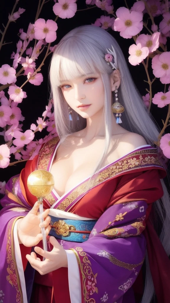 (masterpiece, top quality, 1 female, solo, exquisite details, chromatic aberration), (realistic), (skin), ((breathing)), (silver hair, blunt bangs, cropped straight long hair, short bangs, silver hair), beautiful hair, red headdress, highlights, hair on one eye, beautiful eyes, purple eyes, thick lips, earrings, piercing eyes, ((gold and white kimono)), ((symmetrical eyes)), ((perfectly symmetrical body)), ((perfectly symmetrical hands)), (purerosface_v1:0.3), full moon night, ((self, natural light))), bright lighting, flowers blooming in background, in front of viewer, ((central shot, from the front, (face and shoulders))), mysterious atmosphere, colorful flowers blooming around, bright colored background, shrine maiden in kimono, beautiful shrine maiden, Shrine maiden, fantasy female shrine maiden, female fortune telling shrine maiden, fantasy photography, Japanese style, elegant cinematic fantasy art, fantasy woman, sorceress portrait, powerful wizard surrounded by mystical colorful flowers, holding a glowing heart crystal ball, eyes glowing with mystical energy, spells leaking from her mouth, vibrant sorcery vortexes pulsating with rainbow hues appear in the air, magic permeates, flowers bloom, sacred creatures gaze in awe, threads of magical energy dance, reveal hidden realms, unravel secrets, capture the essence of this enchanting moment and bring to life the mystical power of sorcery on a canvas of the highest quality and finest detail. Top quality, masterpiece, ultra high resolution, (photorealistic: 1.4), RAW photo, sharp focus, high resolution, detailed skin.
Flowers blooming all around, bright colored background, fortune teller in kimono, beautiful fortune teller, fortune teller, fantasy female fortune teller, female fortune teller, fantasy photography, Japanese style, fortune teller in kimono, elegant cinematic fantasy art, fantasy woman, magician portrait, fortune teller, powerful wizard surrounded by mystical colorful flowers, holding a glowing heart c
