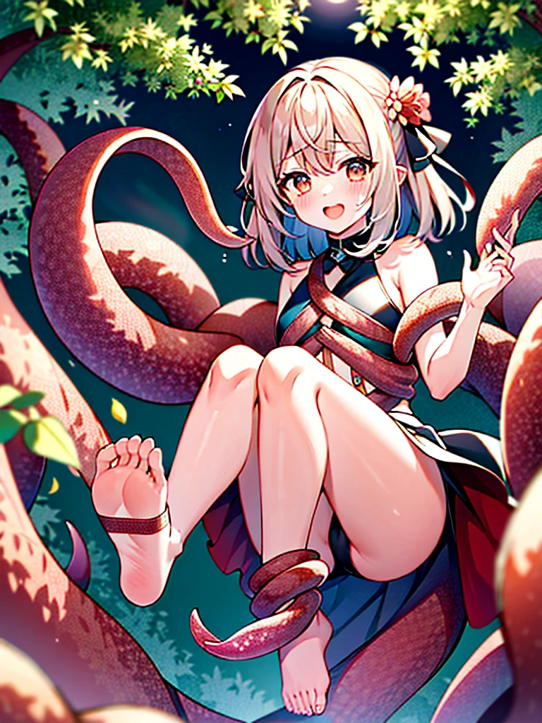 plant tentacraig flower monster　A girl is tangled in plant tentacles　a girl is floating in the air　Crying expression　Background in the forest　Bound hands and feet　Tentacles are wandering around my crotch　plant tentacles　M-shaped legs