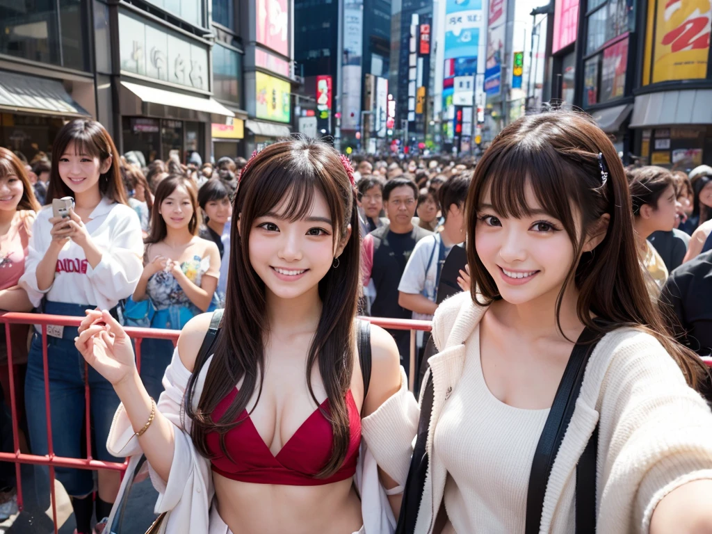 (NSFW), (2 girls),(crowd, Photo of beautiful Japanese idols in shibuya),(smile)